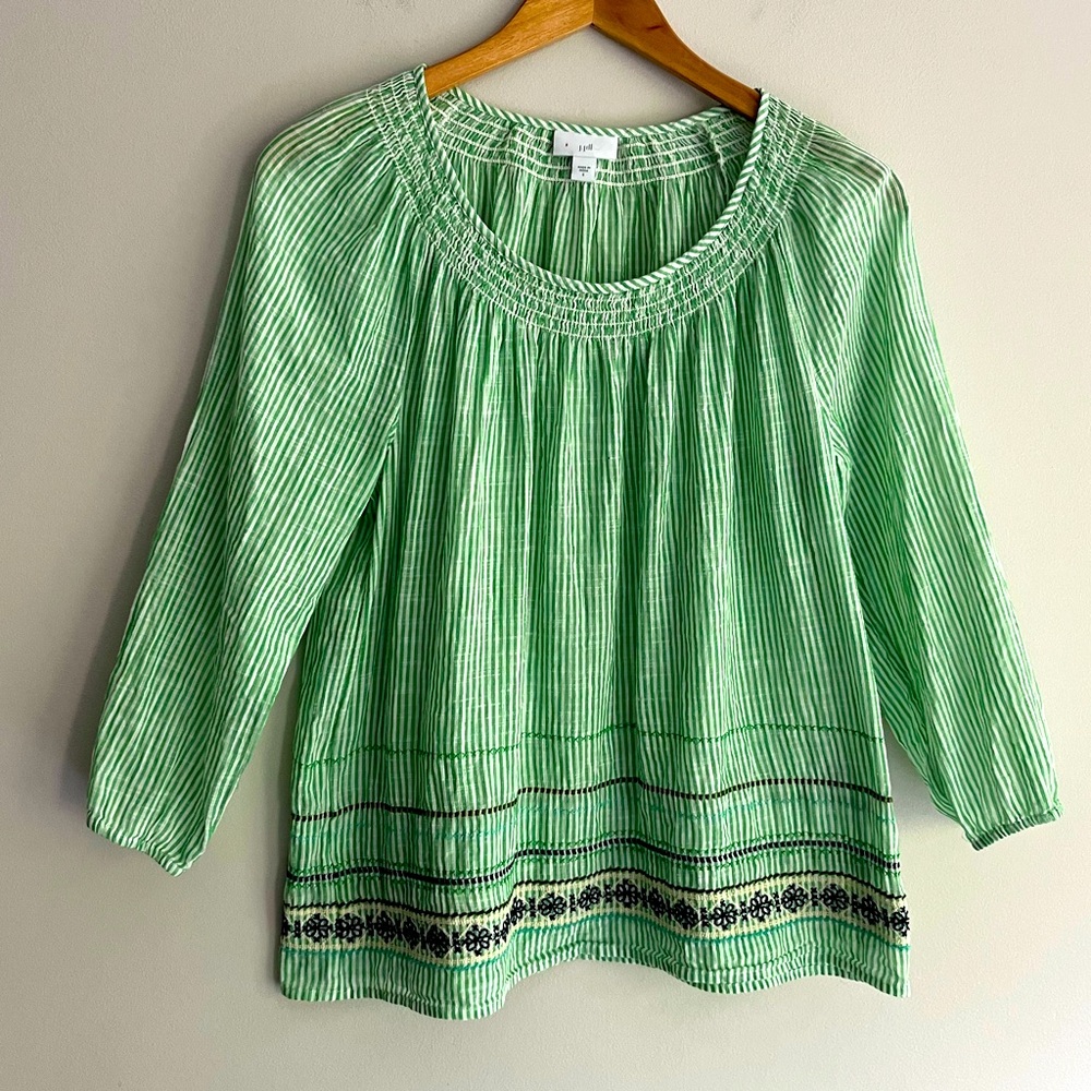 J. Jill Green Striped Blouse with Embroidered Hem Small